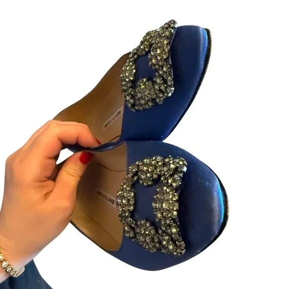 MANOLO BLAHNIK | Hangisi Crystal-Buckle Satin Flat 38.5 8.5 BLUE - Picture 11 of 16